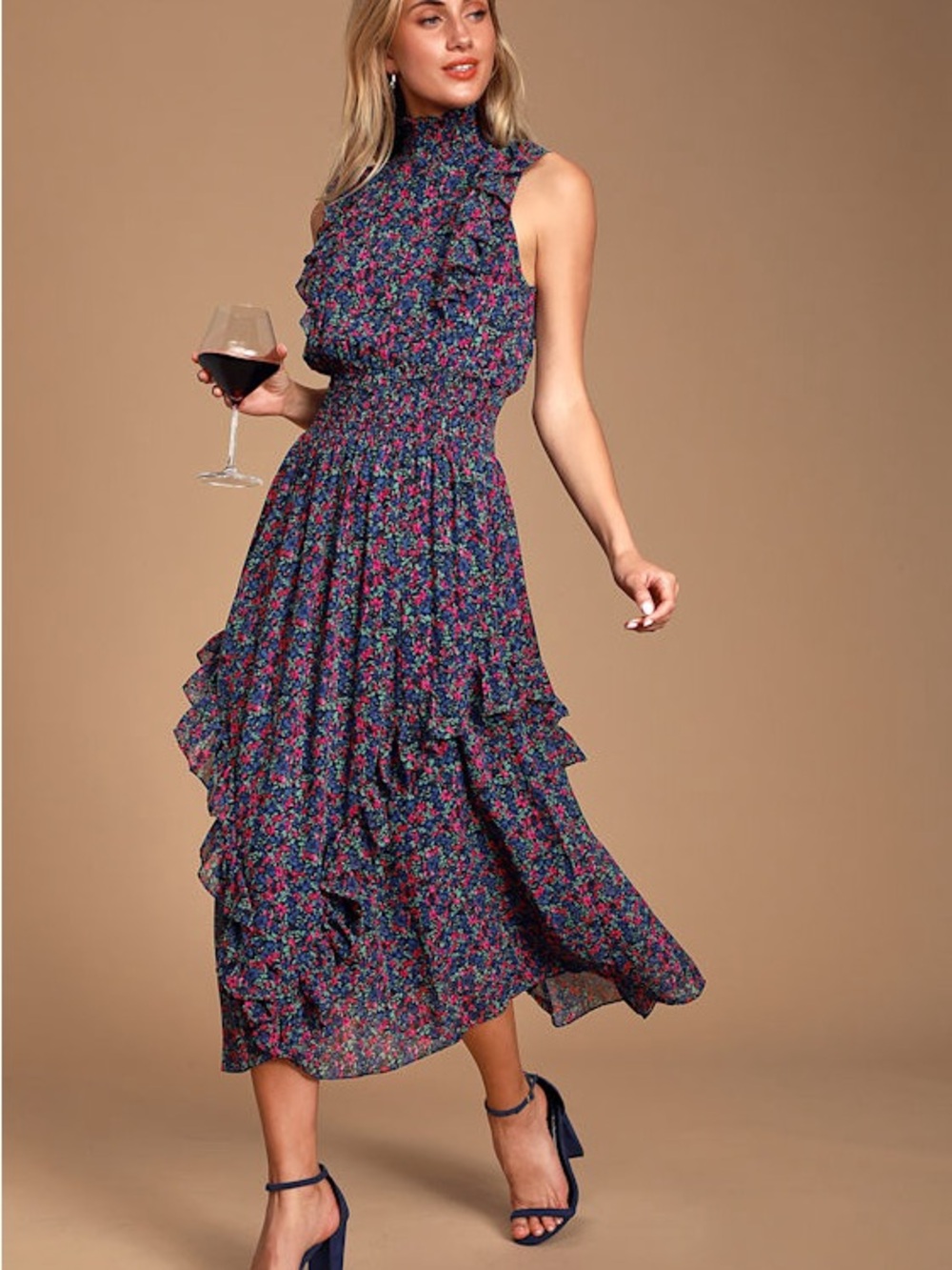 Lulus Evalina Navy Blue Floral Print Mock Neck Midi Dress - Picture 4 of 6